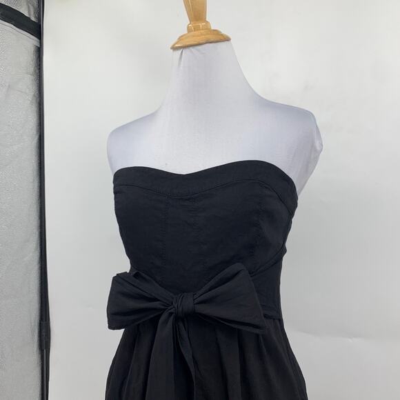 Theory Dress Womens 0 Black Simms Linen Blend Strapless Sash Bow Front Pockets - Picture 3 of 15